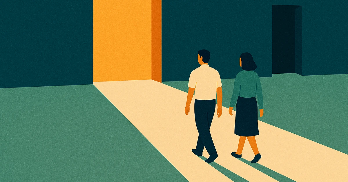 Illustration of a broad amber-lit doorway standing open in a deep teal wall, light spilling out toward two distant figures walking in