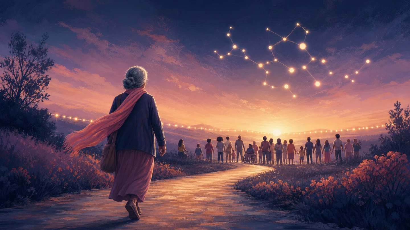 Editorial illustration of a long walking path connecting communities through marrow donor-registration outreach