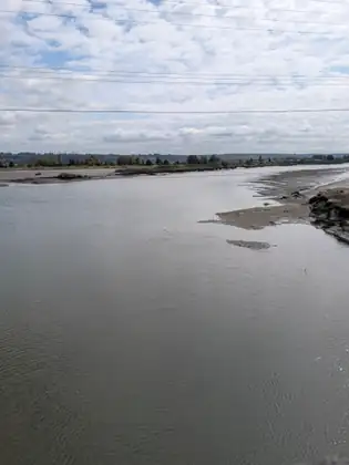 Seen from above, a broad channel of calm grey water winds away between exposed mudbanks, with flat land and trees on the horizon and power lines across the sky.
