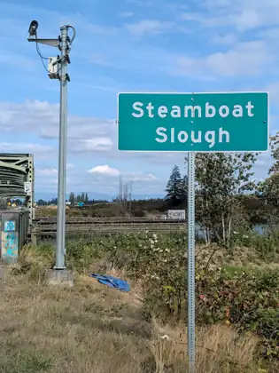 A green sign reading Steamboat Slough on a metal post among brambles and dry grass, next to a pole topped with a camera, a crumpled blue cloth lying in the grass and the end of a green steel bridge on the left.