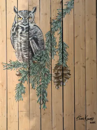 An owl with yellow eyes and ear tufts painted on a fence of pale wooden boards, perched among evergreen branches beside a hanging cone, the mural signed and dated 2024.