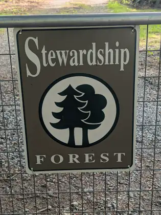 A brown sign reading Stewardship Forest, with an emblem of two dark tree silhouettes in a white circle, fixed to a metal mesh gate over gravel.