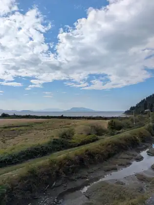 A tidal channel winding through marsh grass out toward the bay, with low islands on the horizon.