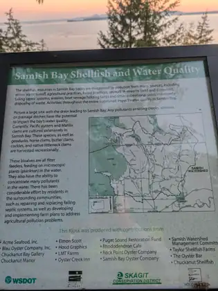 A roadside information board headed Samish Bay Shellfish and Water Quality, with a map of the watershed.
