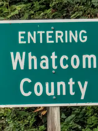 A green highway sign reading Entering Whatcom County, against dense roadside greenery.