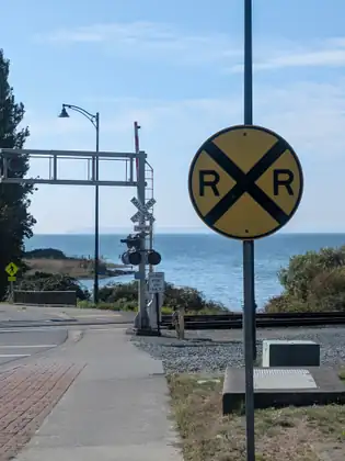 A railway crossing sign beside the shore road, the crossing gates and the bay behind it.