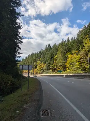 A highway curving away past a concrete barrier into hills of dark evergreens and yellowing maples, the back of a roadside sign on the shoulder.