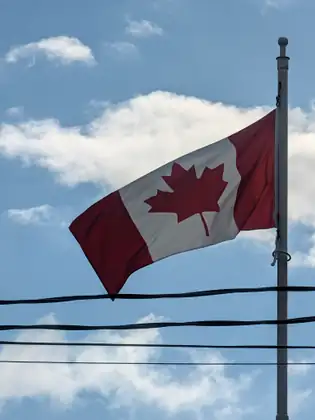 The Canadian flag flying from a pole against a blue sky and white clouds, power lines crossing below it.