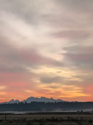 Sunrise over flat farm fields, pink and gold cloud streaked across the sky above a line of jagged mountains and a low mist lying on the ground.