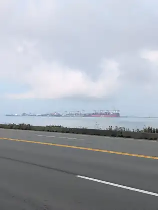 Across a wide road with a yellow centre line and a low concrete barrier, container ships and a long row of tall cranes line a terminal on the far side of calm water, under heavy pale cloud.