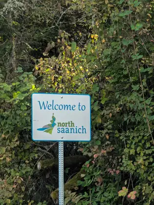 A white, blue-edged sign reading Welcome to north saanich beside a logo of swooping green, blue and grey shapes, on a metal post in front of a thicket of autumn-tinged leaves, a mossy log and ferns.