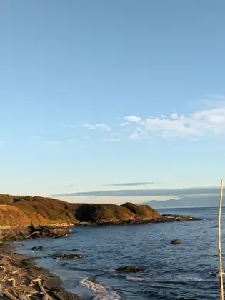 Low evening sun lights a grassy headland across a small rocky cove, with driftwood scattered on the pebble beach in the foreground, a tall bleached pole standing at the right edge, and distant mountains across the water under a clear blue sky.