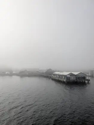 A pier lined with low grey sheds on pilings emerges from thick fog across dark water as the ferry nears the shore.