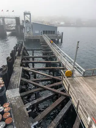 Seen from above, a weathered dock gives way to open timber beams over dark water beside a railed walkway, where two workers in high-visibility vests head toward a gray terminal, with Canadian, American and red flags flying above rows of cars in the fog.