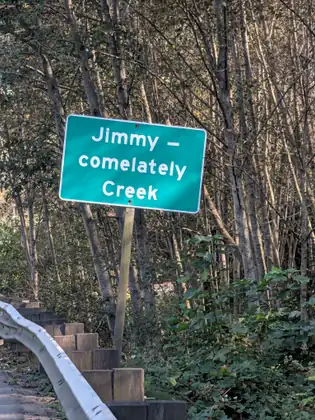 A green sign reading Jimmy – comelately Creek on a wooden post among slender pale-trunked trees, above a metal guardrail on timber posts at the roadside.