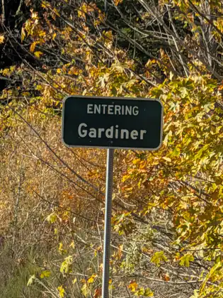 A dark green road sign on a metal post reading Entering Gardiner, set against a tangle of branches and big leaves turning yellow and orange.