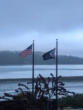 An American flag and a black flag bearing a white face design and the words The Strong People, mirrored from behind, fly from two poles above dark-leaved shrubs, a grey bay and a misty wooded shore.
