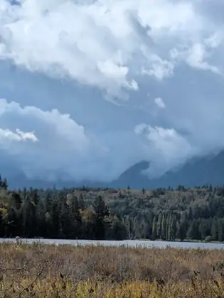 Low clouds hang over dark mountain slopes beyond a forested shoreline and a strip of blue water, with a marsh of brown and gold grasses filling the foreground under a big cloudy sky.