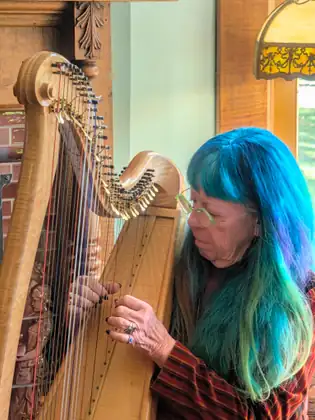 A woman with long blue and green hair and green-framed glasses plays a tall wooden harp with a scrolled top, her ringed fingers on the strings, beside a brick wall and an amber glass lamp.