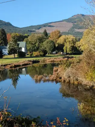 A still pond reflects blue sky and autumn trees, with a white farmhouse with a green metal roof on a lawn beyond it and a forested mountain, partly logged, rising behind under a clear sky.