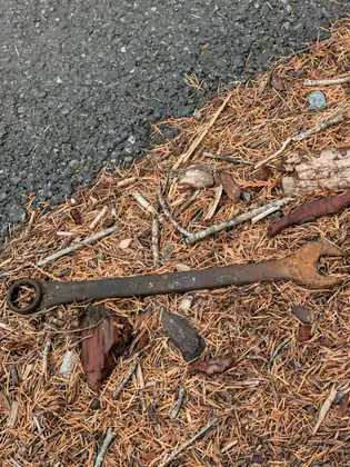 A rusty open-ended wrench lies on a bed of fallen pine needles and twigs at the edge of the road’s asphalt.