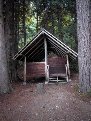 An open-air wooden cabin with a steep roof, half walls and steps up to a raised floor stands between tall tree trunks on a forest floor of needles.