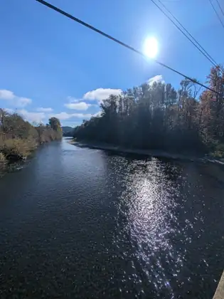 The Skokomish River shines silver under the bright sun, seen from the bridge, with power lines overhead and trees along both banks.