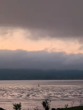 Low grey clouds hang over a rippled, pink-tinged expanse of water at dawn, with a dark wooded shore beneath the cloud line.