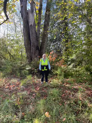 Jeana, in her safety vest, stands in long grass beneath tall trees beside a road.