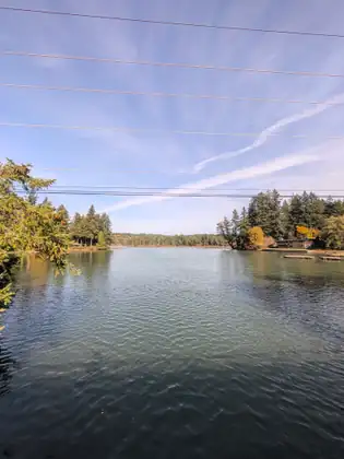 Rippled water stretches toward a wooded shore under power lines and streaky white clouds.