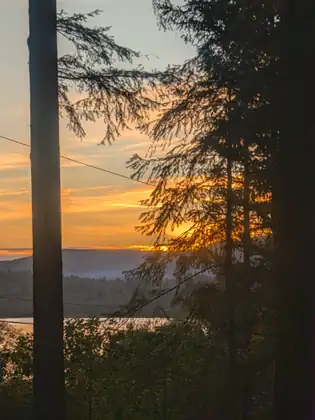 The sun sets in orange behind tall trees and a hillside above the water.