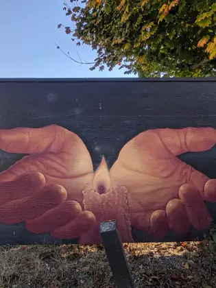 A colourful mural of open hands and flowers painted on a wall along the route.