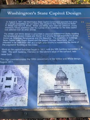 An interpretive sign titled “Washington’s State Capitol Design”, with the history of the design and drawings of the Capitol campus and dome.
