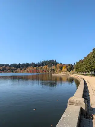 A waterfront path curves around Capitol Lake beneath autumn trees.