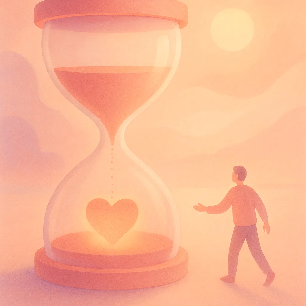 A warm, wordless age-band ribbon glowing softly across its full length and brightest across one wide stretch, suggesting the most-actively-matched donor years without showing any people or numbers