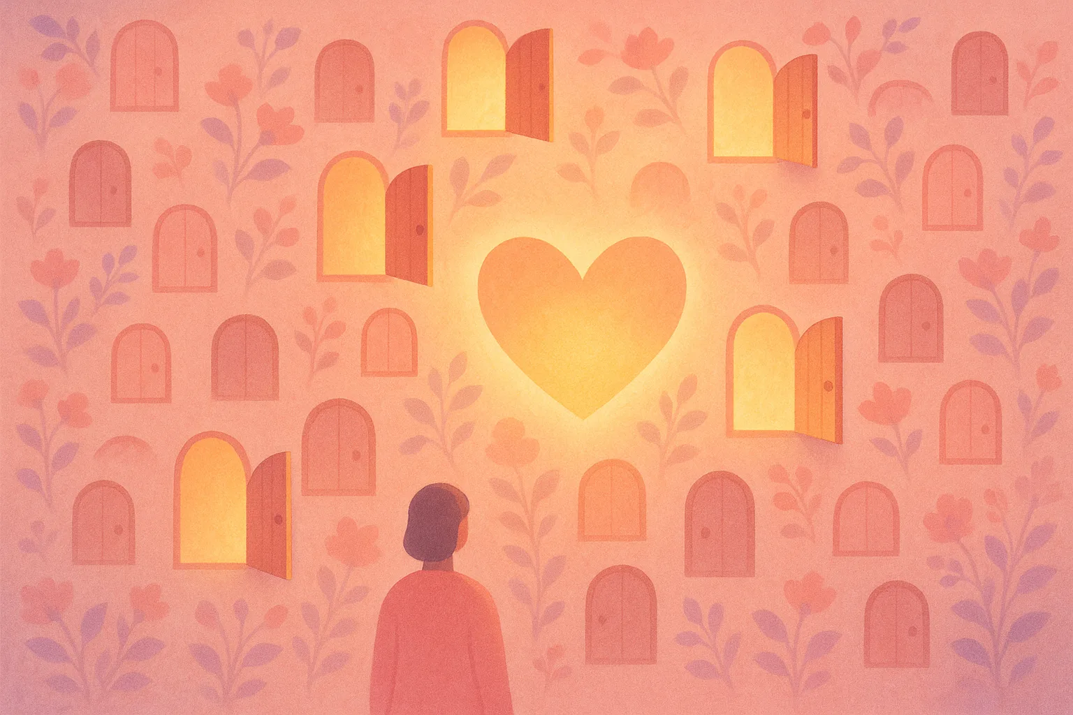 Illustration of many small doors and gates in a blossoming garden wall, most of them open toward a single warm glowing heart at the center, suggesting that most health conditions still leave a path to donate