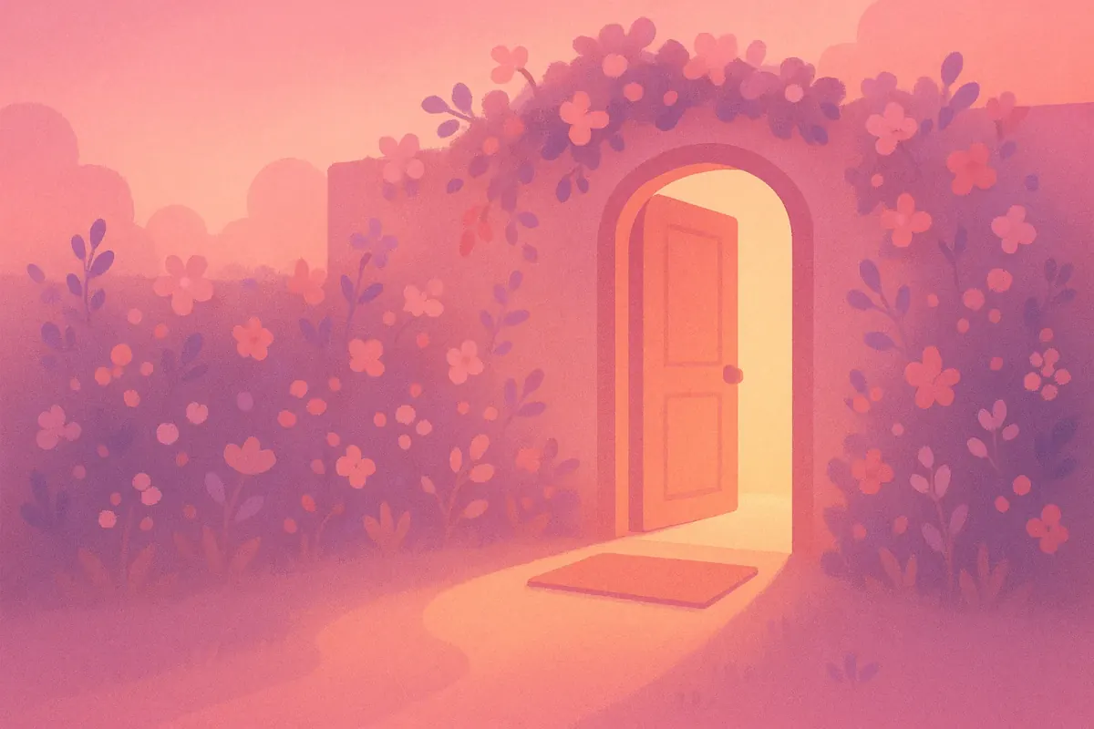 Illustration of a welcoming open doorway in a blossoming garden, suggesting most healthy adults are eligible to donate bone marrow