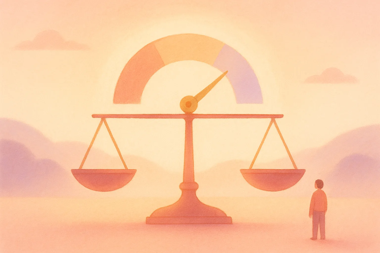 A balanced scale resting level in warm rose tones, with a steady calm gauge, suggesting that well-managed diabetes is often acceptable for bone marrow donation — no people, no text