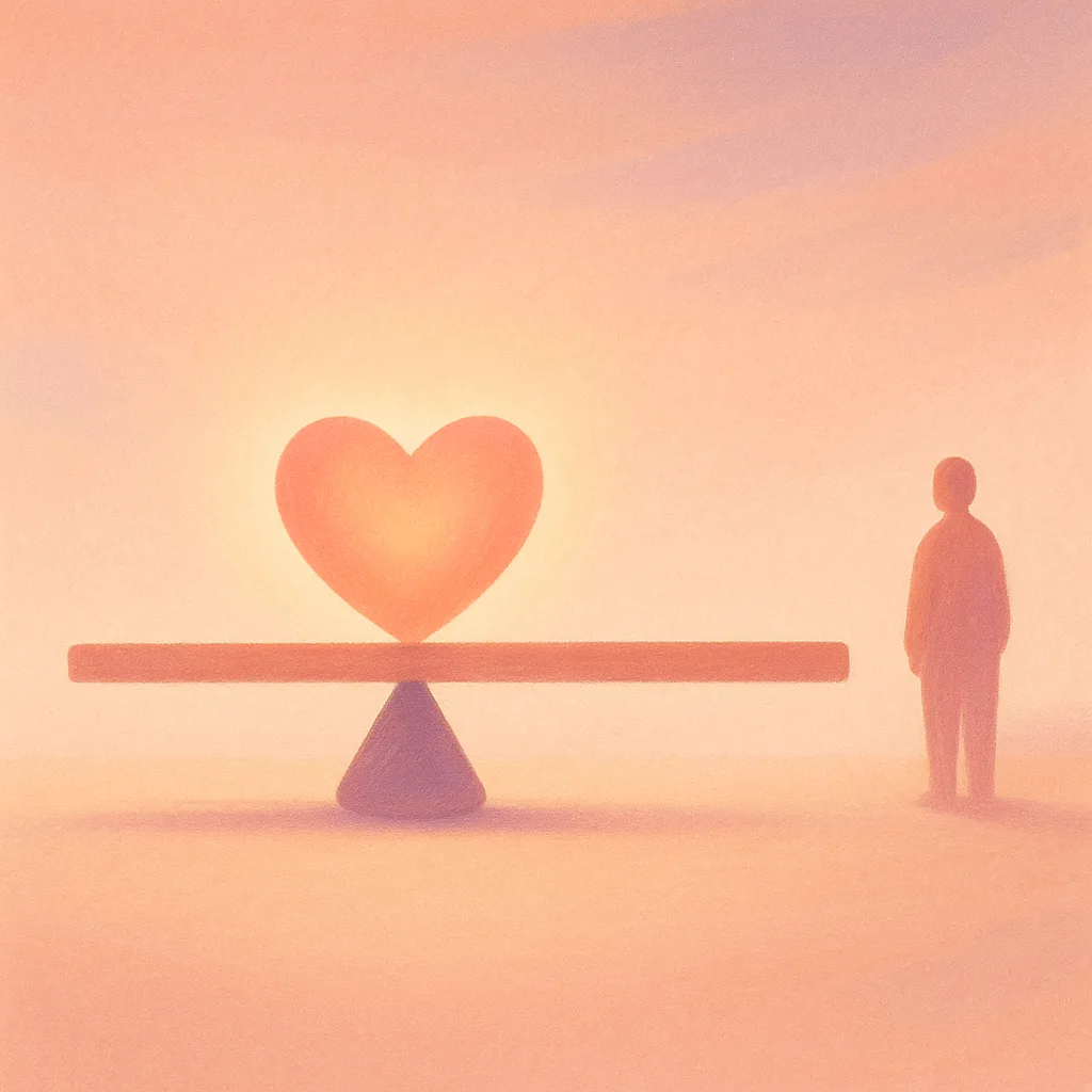 A balanced scale resting level in warm rose tones, with a steady calm gauge, suggesting that well-managed diabetes is often acceptable for bone marrow donation — no people, no text