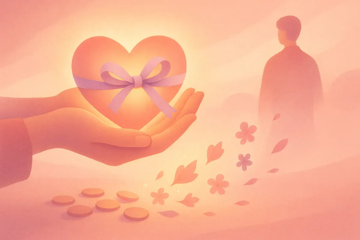 Illustration of a heart offered as a gift while coins turn into petals, showing bone marrow donation is a free gift, not paid