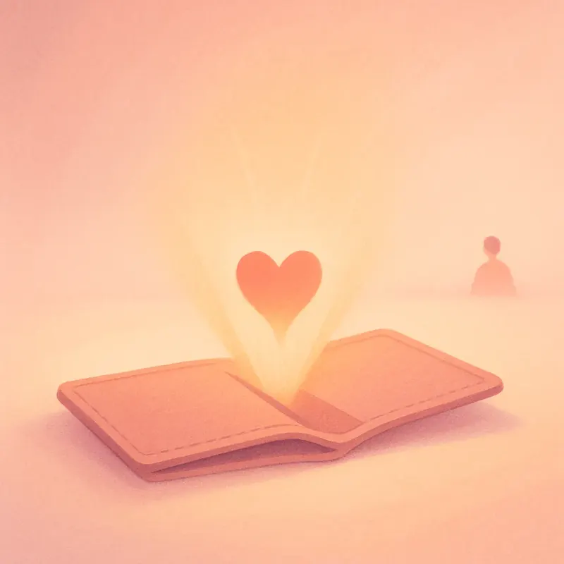 Illustration of an open empty wallet with a glowing heart rising from it instead of money