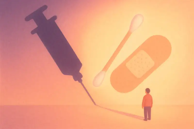 A feared giant needle dissolving into a tiny harmless swab and bandage, showing donation hurts less than people expect