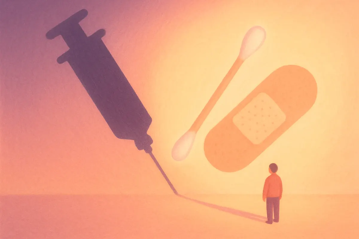 Soft illustration contrasting a large feared needle with a tiny harmless cotton swab and bandage, showing bone marrow donation hurts less than people expect