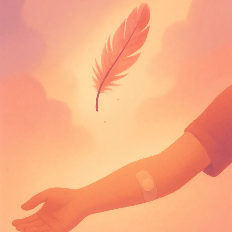 Illustration of a feather resting on a bandaged forearm, suggesting the donation is barely felt
