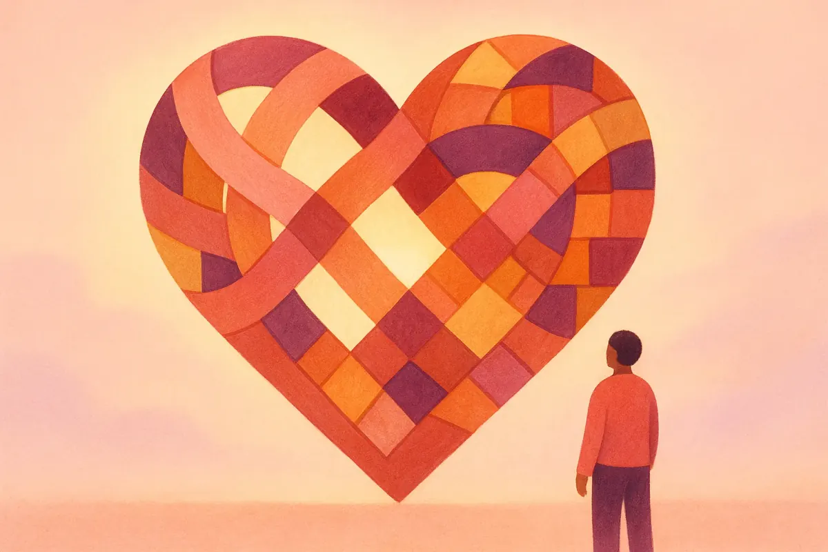 Illustration of a heart woven from many distinct warm-toned ribbons, representing how donors from every community complete the bone marrow registry