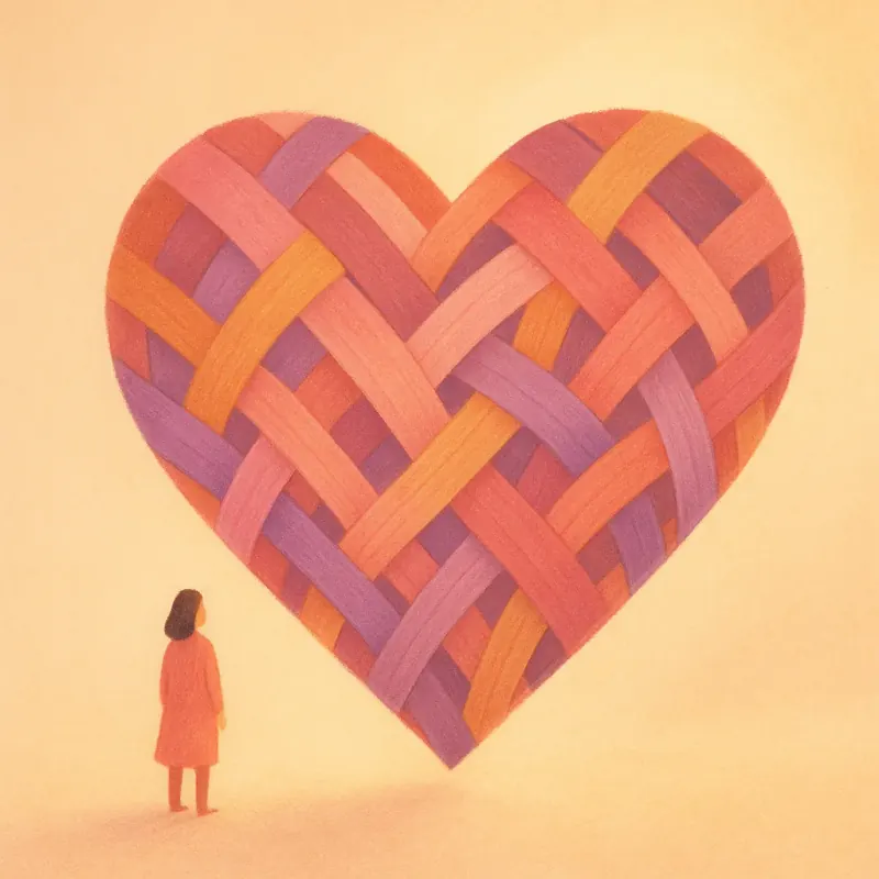 Illustration of many colored threads interlacing into one heart, representing diverse donor profiles forming one match pool