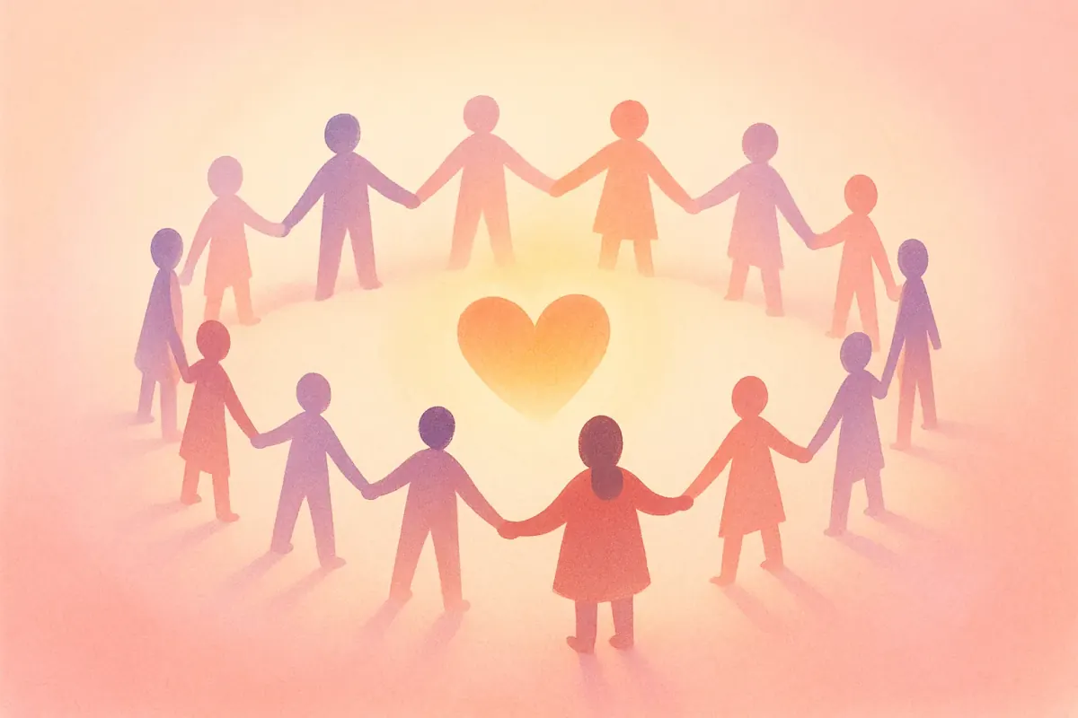 Illustration of figures holding hands in a ring around a glowing heart, representing a community supporting a loved one through treatment