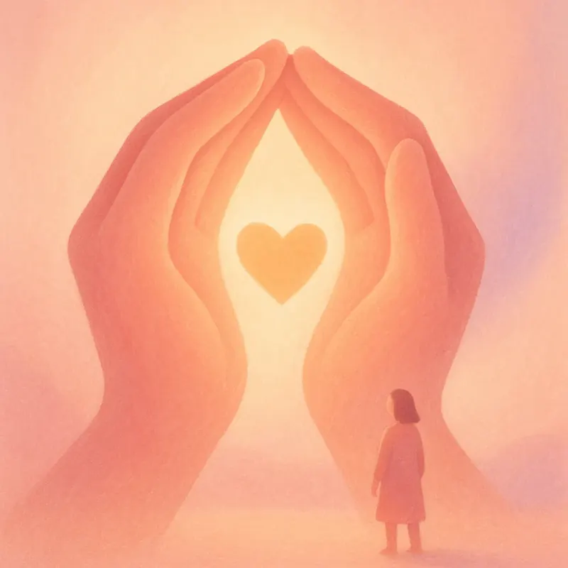 Illustration of cupped hands sheltering a small glowing heart, representing holding hope for a loved one