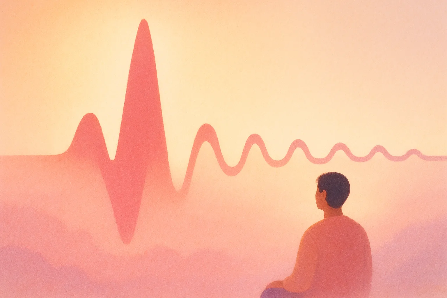 A calm, steady heartbeat waveform settling into an even, balanced line on a warm background, with no people and no words