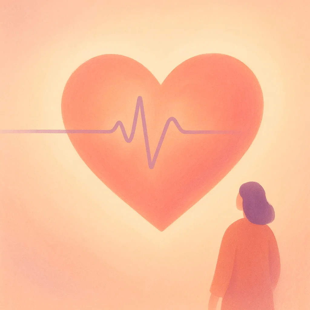A calm, steady heartbeat waveform settling into an even, balanced line on a warm background, with no people and no words